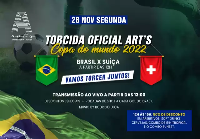 Art’s Gastronomia e Música transmite ao vivo os próximos jogos do Brasil, nos dias 28 de novembro e 02 de dezembro