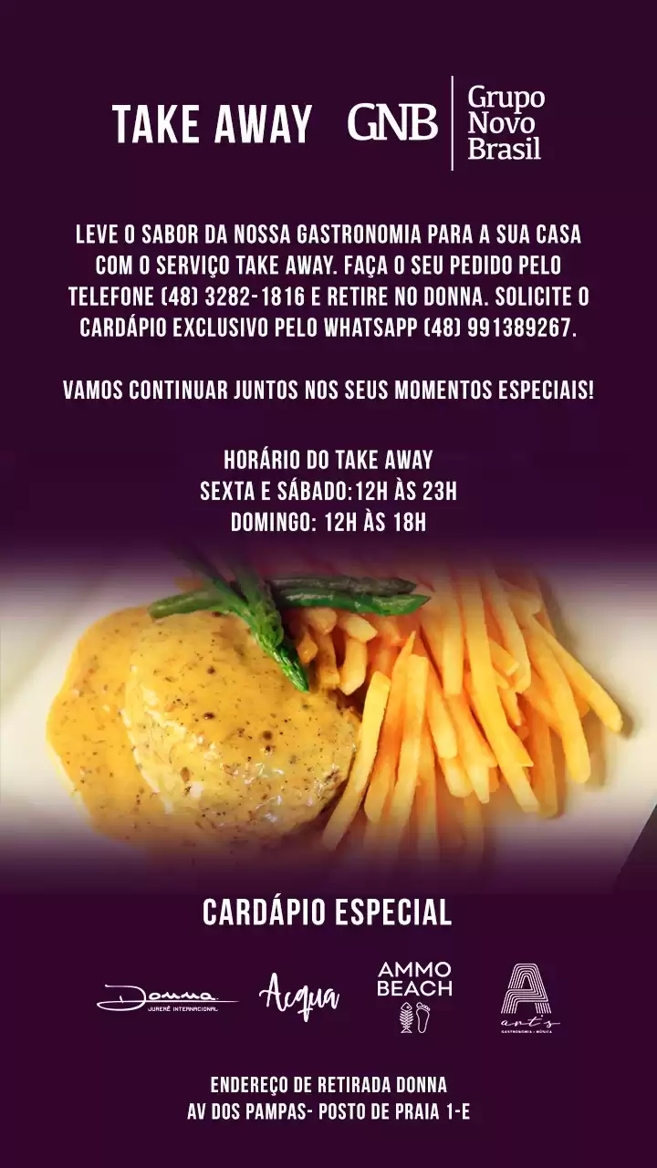 Grupo Novo Brasil apresenta o serviço Take Away com cardápio especial